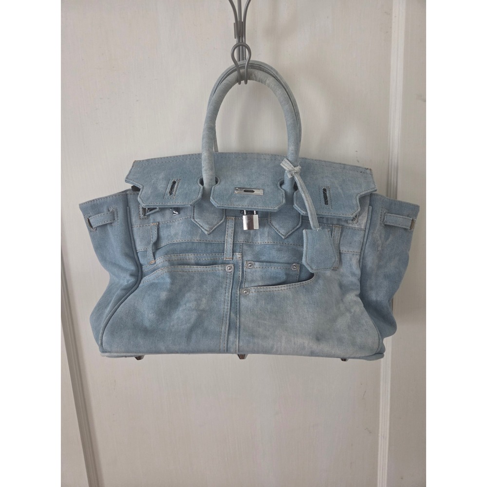 Light Wash Denim Satchel Bag with Padlock Detail and Strap